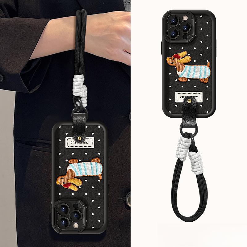 Polka Dot Embroidered Puppy Lanyard Suitable for Apple 13PROMAX Mobile Phone Case Iphone16 Lambskin 15 Silicone 14