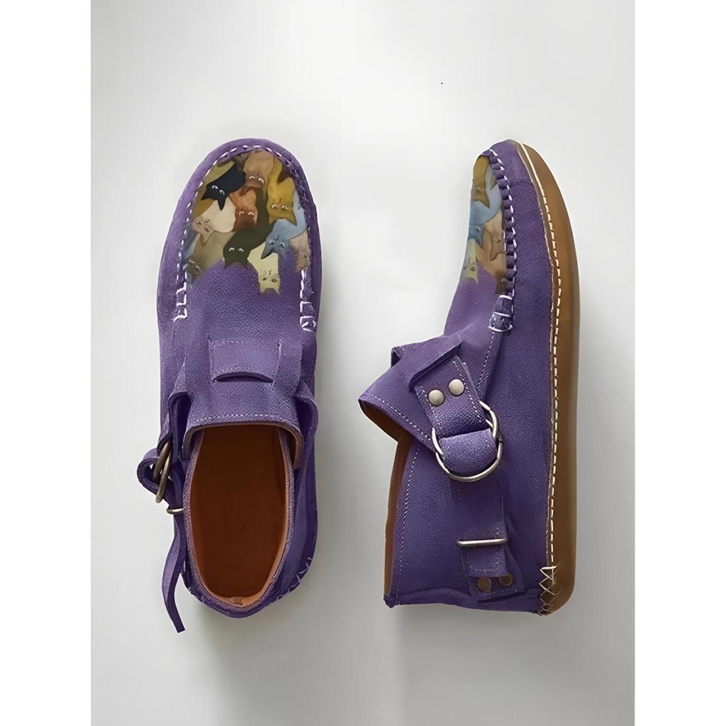 Ботинки Plover женские Comfort Cartoon Cat Printed Leather Button Casual Flat Ankle - 6 Purple
