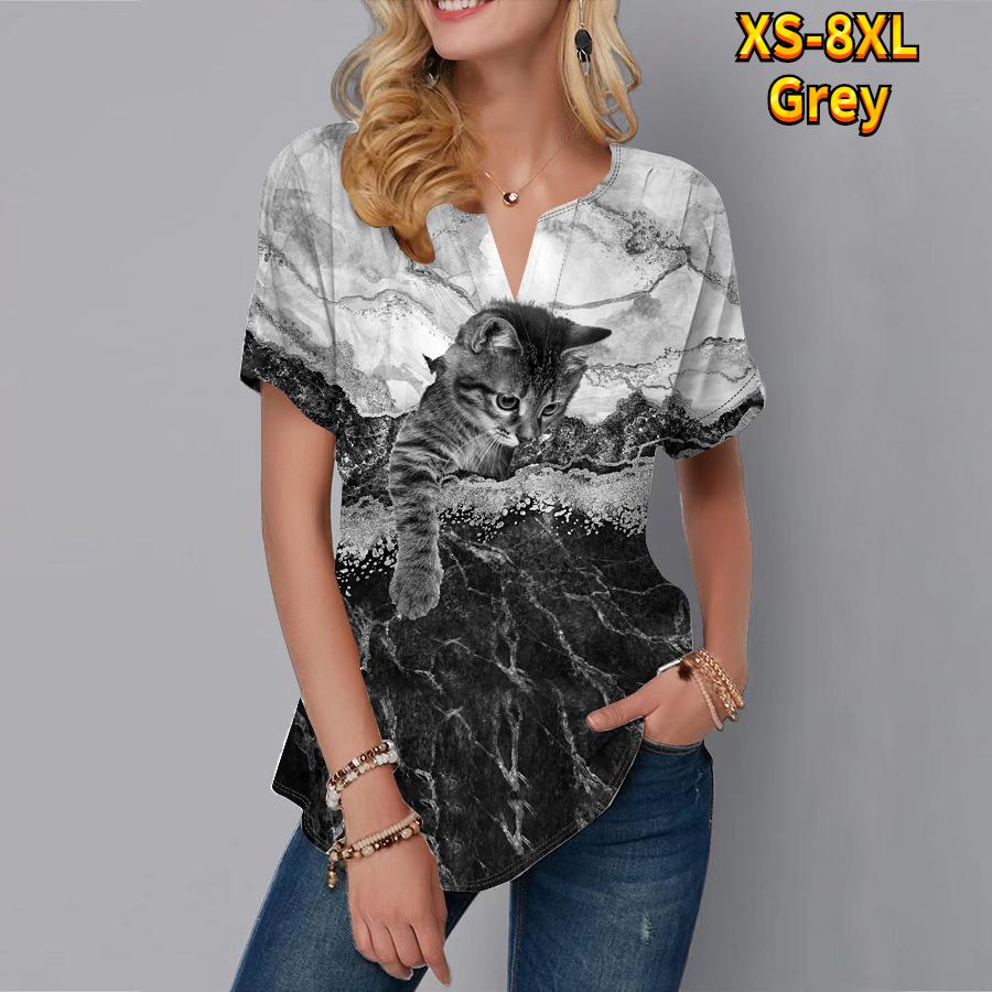 A T Women Summer Shirt Lovely Cat Print Short Sleeve Tees Casual Tops Small Vneck Short Sleeves