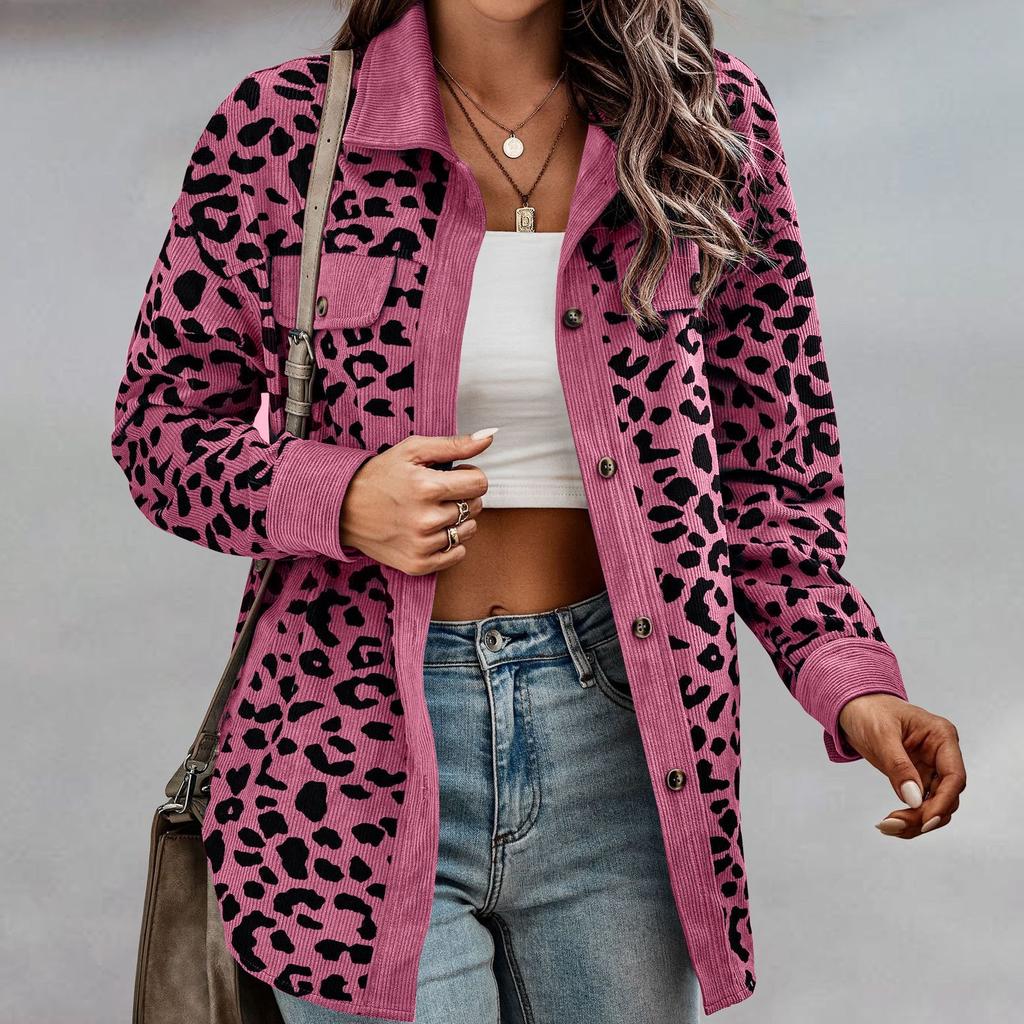 GMXIA Женские винтажные повседневные свободные куртки и пальто с леопардовым принтом на пуговицах, осень-зима с длинными рукавами и воротником-поло