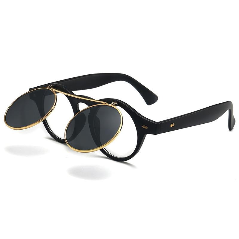 Неполяризованные круглые солнцезащитные очки в стиле стимпанк для женщин и мужчин, модные очки с откидной оправой, круглые винтажные готические двухслойные очки