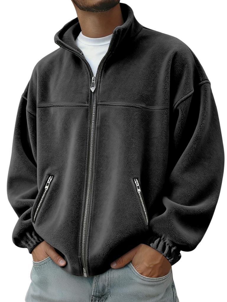 Fall Winter Men's American Style Stand Collar Zip Up Hoodie Casual Jacket Fleece Lined Warm Pullover