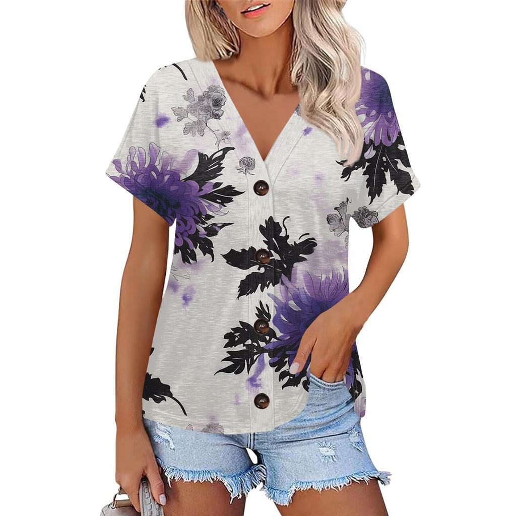 Женская модная повседневная футболка с короткими рукавами и V-образным вырезом, цветочным принтом и застежкой на пуговицы