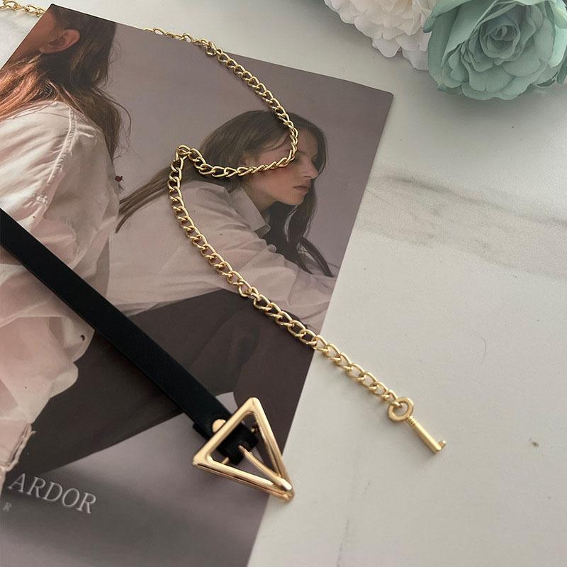 Модные женские поясные цепи с металлической треугольной пряжкой, тонкий пояс, шикарный кожаный пояс для пальто, платья, декоративные пояса, ремень