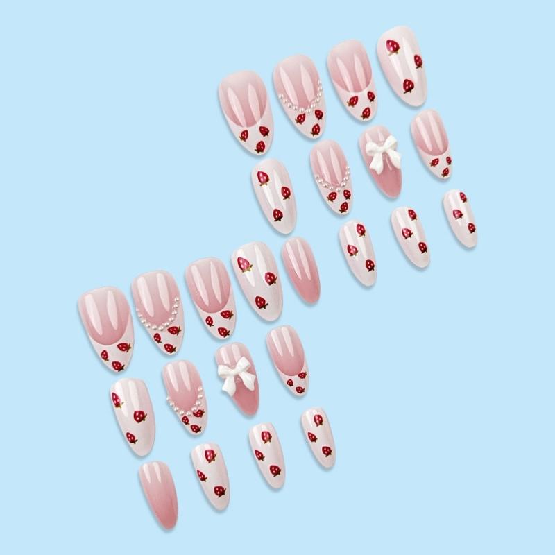 24pcs Short Almond False Nail Acrylic Artificial Nail Full Cover Stick On Nail with 3D Bows and Strawberry Designs