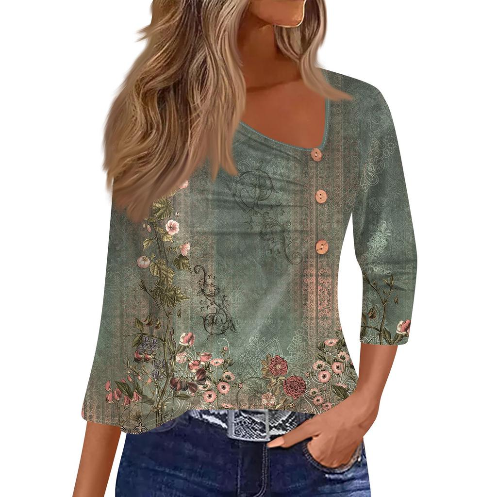 Women's T Shirt Tee Print Button 3/4 Sleeve Daily Weekend Fashion Basic Regular Top