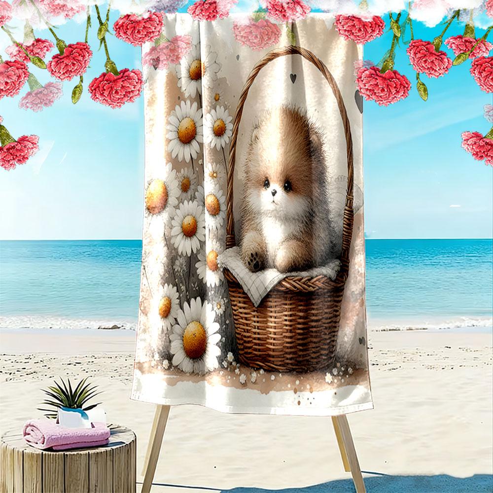 Fluffy charm amidst daisies Print beach towel, quick drying, suitable for travel, outdoor sports, jogging, the beach and swimming, gift