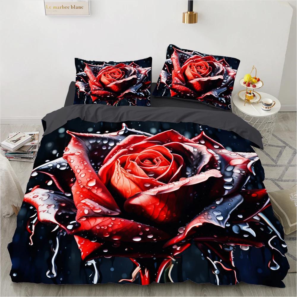 Комплект пододеяльника с красными розами размера Queen King Full 3D Комплекты постельного белья Цветочная наволочка Чехол для одеяла/пододеяльника Наборы постельного белья Постельное белье Кровать 140x200