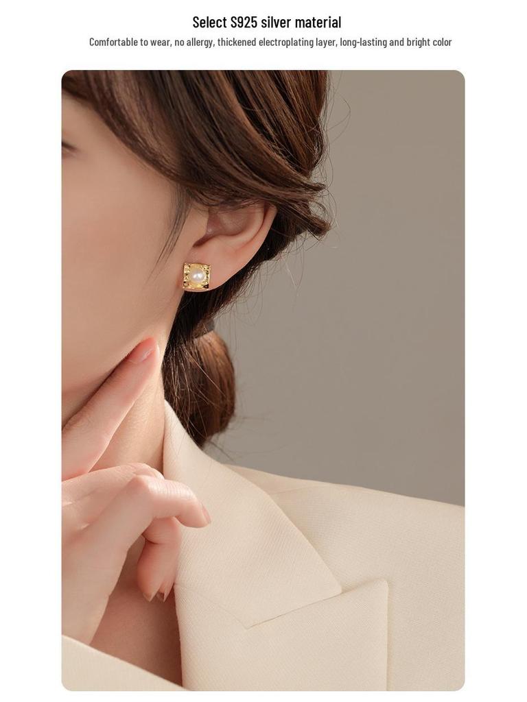 Серьги-пусеты Banyan Tree из серебра 925 пробы с геометрическим дизайном и жемчугом-ракушкой - Корейский трендовый нишевый стиль