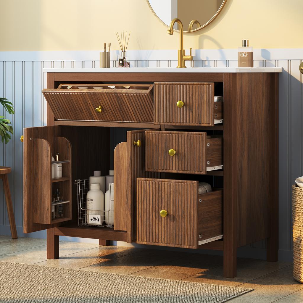 91 cm Bathroom Cabinet with Ceramic Washbasin, Wave Pattern Texture, Soft-Close Hinges, Double Doors & Shelves, Drawers, without Faucet, Walnut