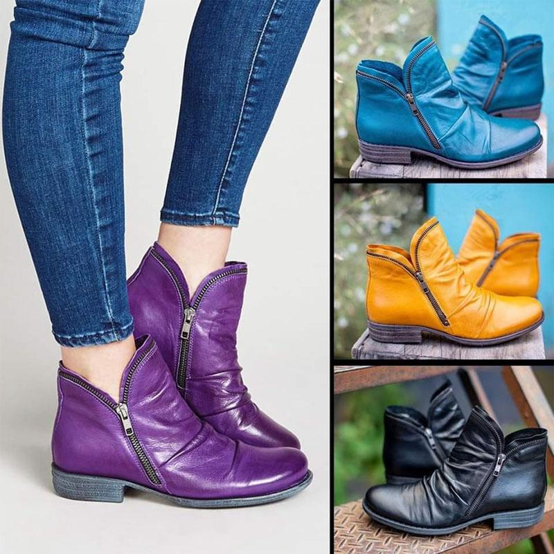 Ladies Metal Zip Deco Pleated Design Botas Fashion Purple Blue Ankle Boots Woman Autumn Casual Flat Pu Leather Short Booties