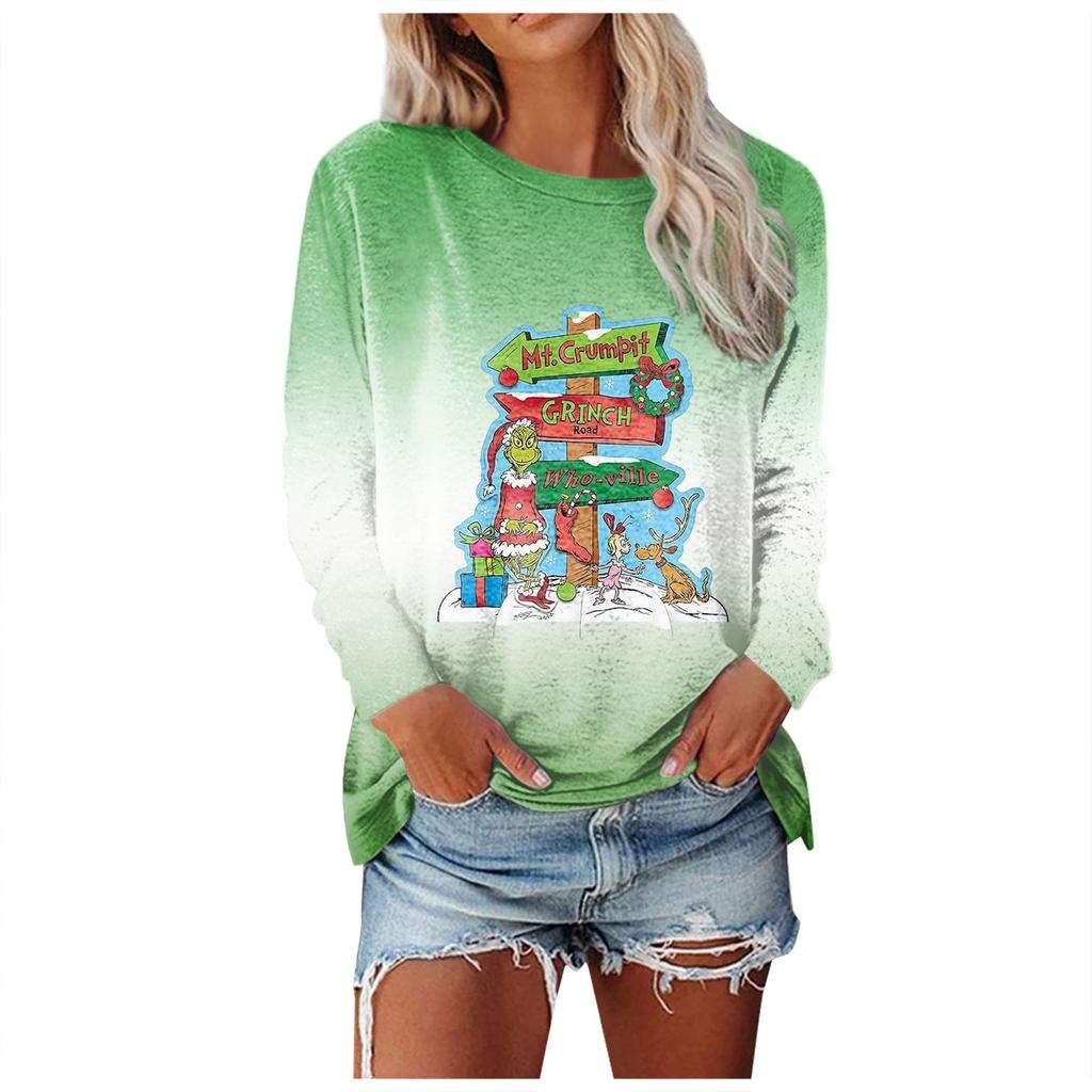 Женская мода, повседневная блузка с длинным рукавом и рождественским принтом, пуловер с круглым вырезом