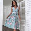 Summer V Neck Sleeveless High Waist  Print Beach Blue Ruffle Flower Sling Chic Dress Blue S-XXL