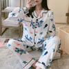 2 Pcs/Set Women Spring Summer Pajama Set Floral Print Silky Lapel Long Sleeve Loose Single-breasted Wide Leg Homewear Shirt Pants Set Sleepwear