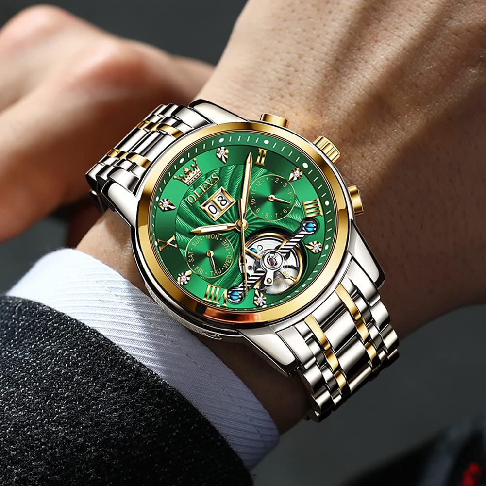 OLEVS Часы Cool Popular Green Automatic Date Mechanical Hand Watch Водонепроницаемые Светящиеся Механические Зеленые Золотые Мужские &