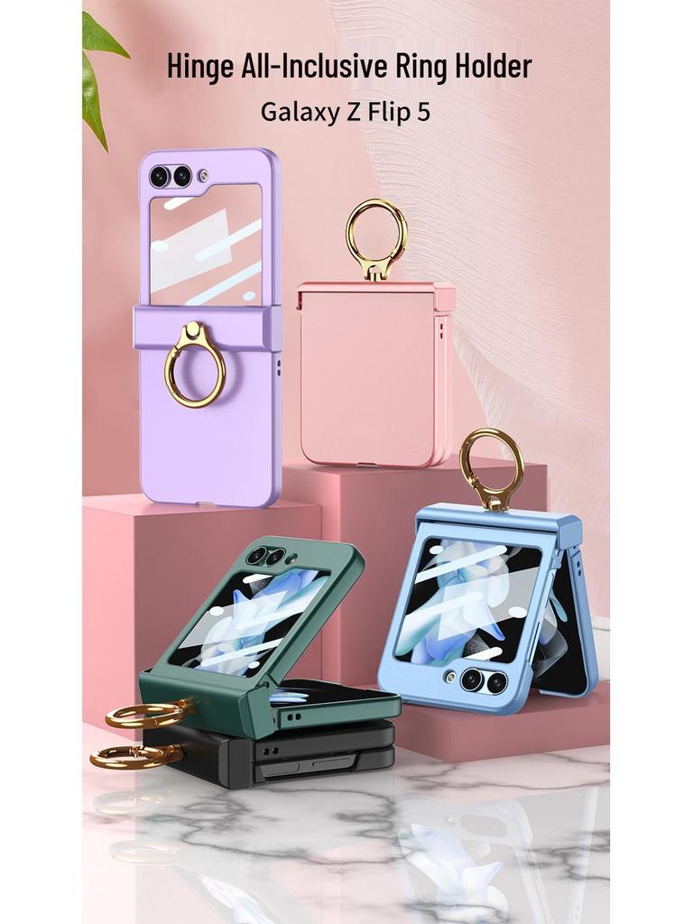 GKK Полностью закрывающий матовый чехол для Samsung Z Flip5 с кольцом-держателем и маленьким складным шарниром.