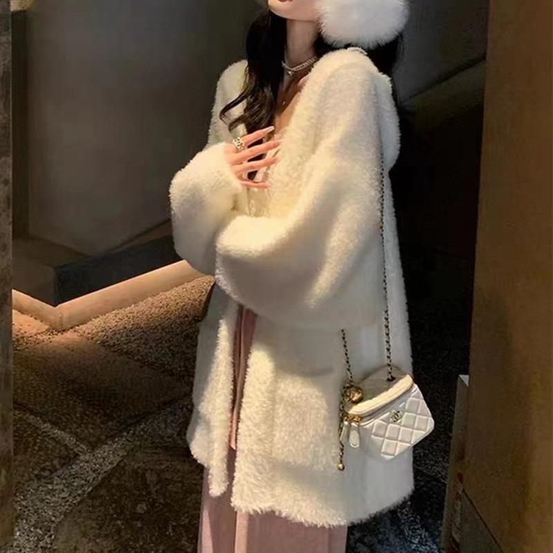 Молочный фуфу худи из искусственного норкового флиса, свитер-куртка, женский осенне-зимний средней длины, свободный, ленивый ветер, вязаный кардиган женский