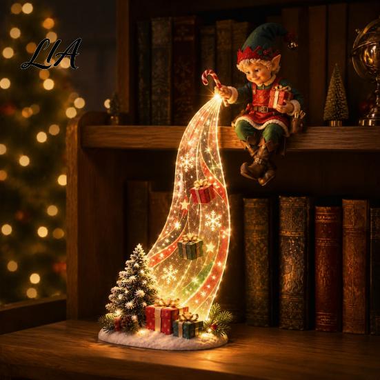 Cozy Holiday Room Lighting LED Waterfall Christmas Shelf Sitter Figurine, Light Up Santa Claus Snowman Festive Mantel Display Angel Statue, Bookshelf