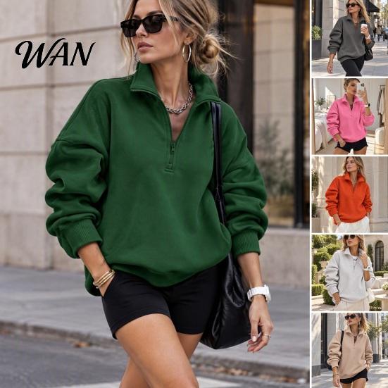 Athleisure Style Sweatshirt Women Oversized Sweatshirt, Stand Collar Zipper Half Placket Tops, Solid Color Basic Long Sleeve Lightweight Pullover Tops