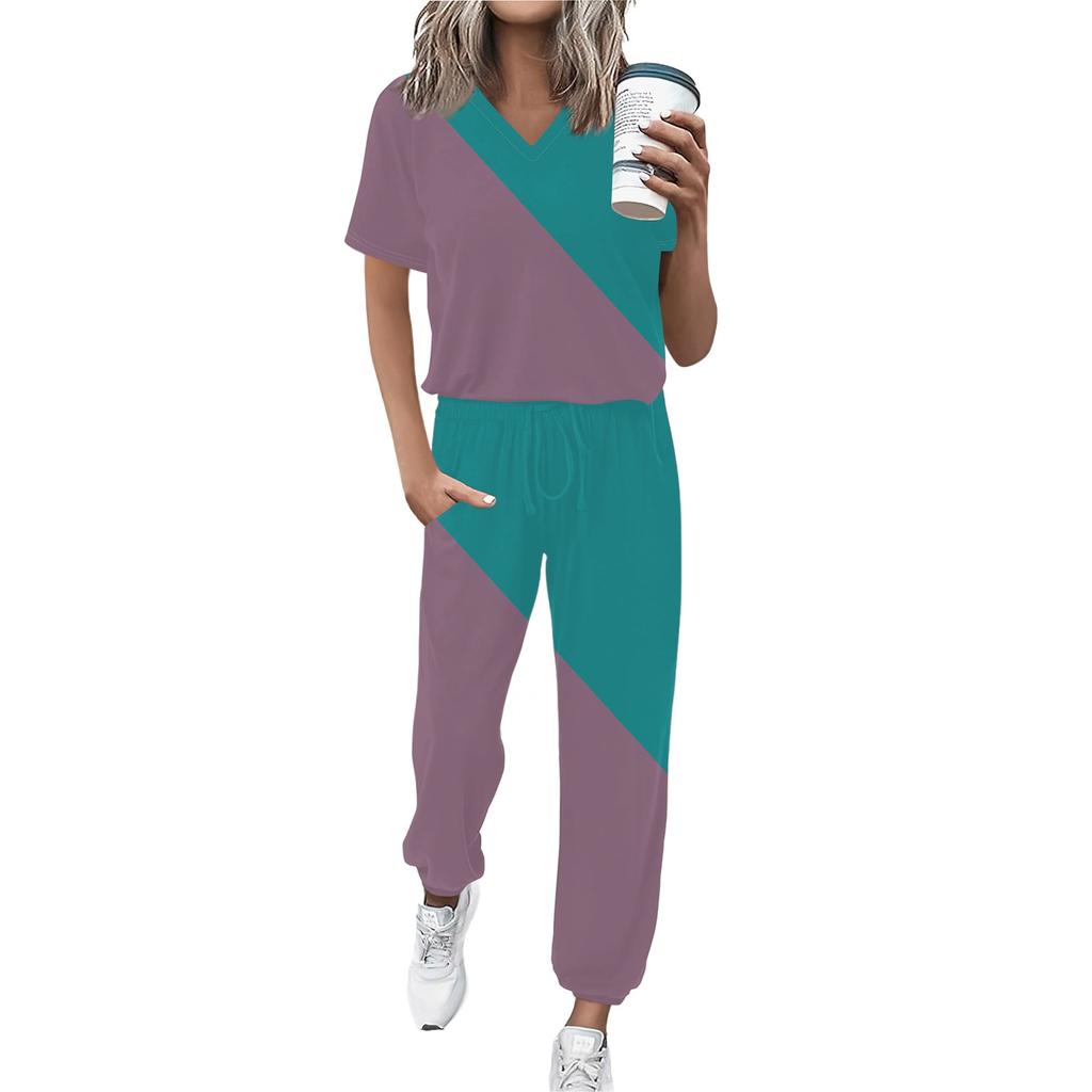 Женский спортивный костюм с V-образным вырезом и коротким рукавом, свободные брюки