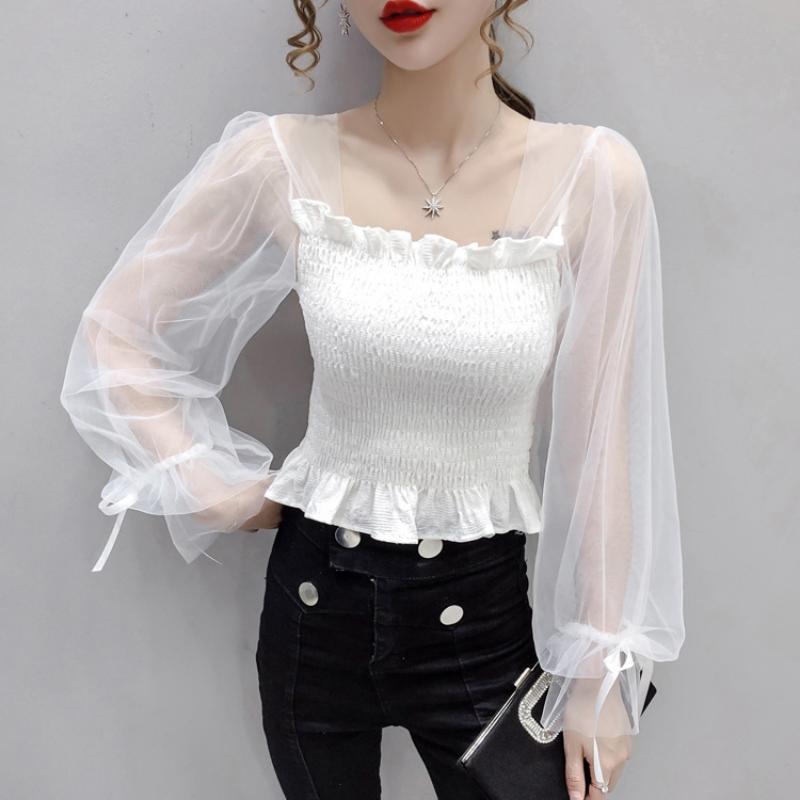 Mesh Puff Sleeve Elastic Waist Women Blouse Square Neck Cropped Top Black White Sweet Fairy Style Lace Up Bow Spring Summer