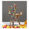 Gemstone Work Ethnic Carved Peacock Design Brass Diya with Bell, Brass Antique Oil Lamp, Brass Diyas for Home, New