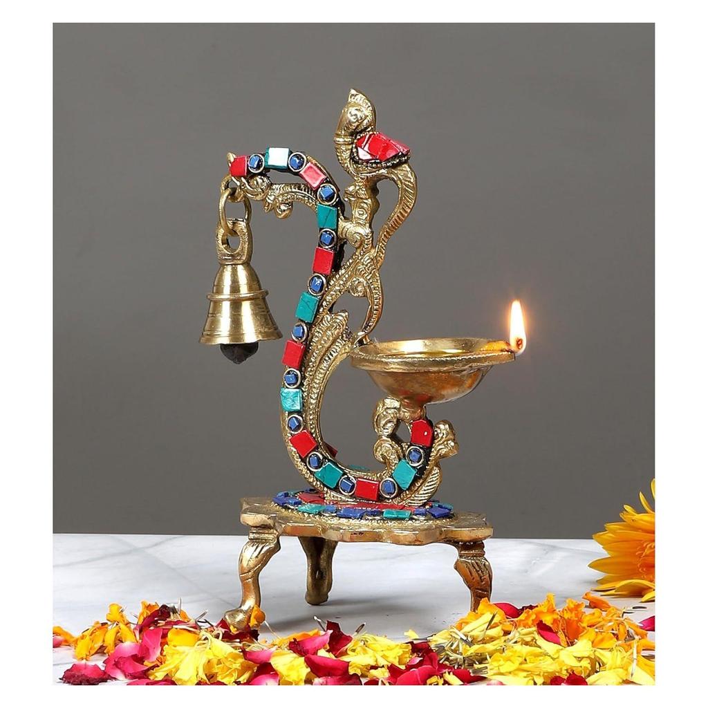 Gemstone Work Ethnic Carved Peacock Design Brass Diya with Bell, Brass Antique Oil Lamp, Brass Diyas for Home, Latest