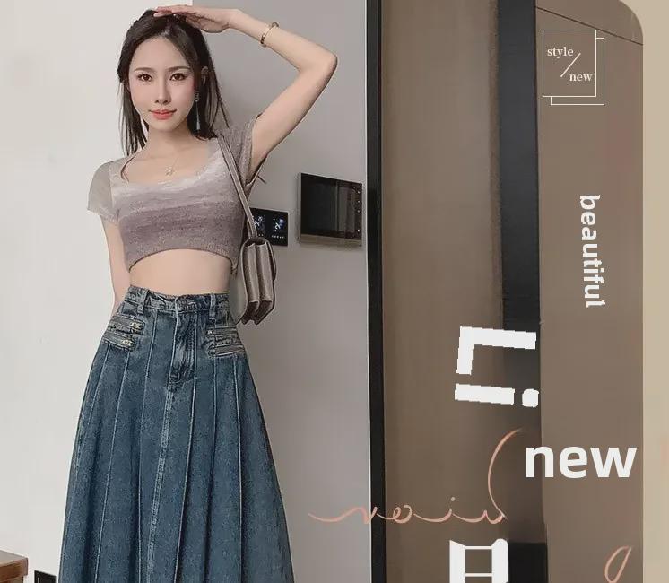 2023 Весна/Осень Ретро Плиссированная Женская Джинсовая Юбка А-силуэта С Завышенной Талией и Молнией