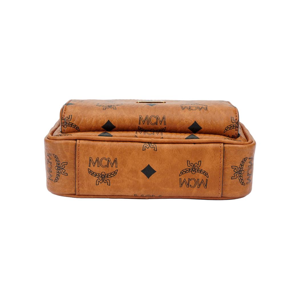 MCM Cognac Visetos Monogram Crossbody Camera Bag with Dual Zip Compartments for Daily & Casual Use