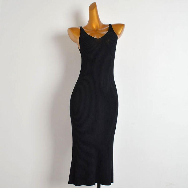 Fashion Style Pure Color Sexy Pairs V Neck Vest Knitting Long Skirt Women's Summer Silm Slim Looking Base Slit Dress