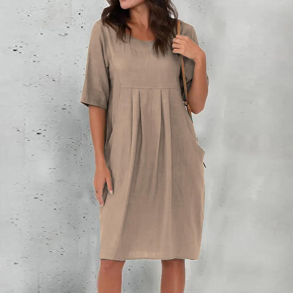 Women's Casual Loose O Neck Short Sleeve With Pockets Elegant Linen  Swing Dresses