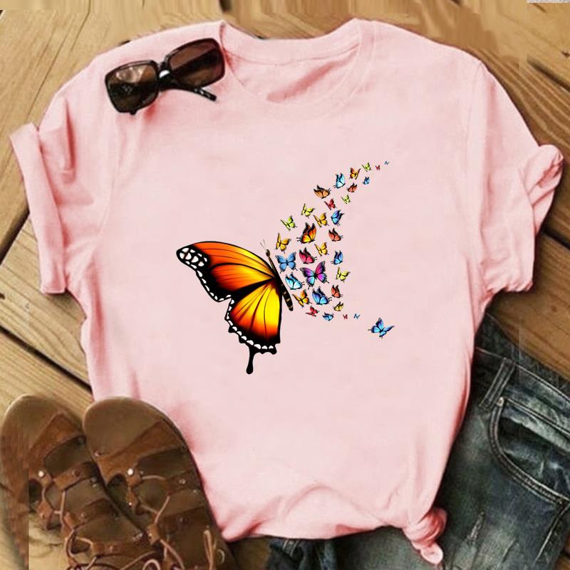Butterfly Lovely Tee Top Fashion T Shirt 90s Sweet Trend Clothing Casual Short Sleeve Women Print Lady Female Graphic T-shirt