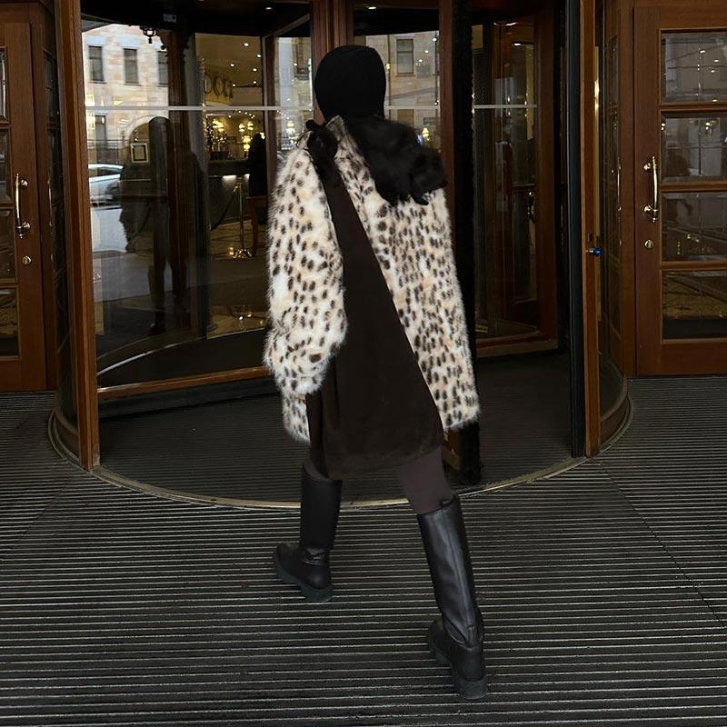 Женская шуба из искусственного меха с леопардовым принтом, модная однобортная куртка с длинными рукавами, зимняя роскошная теплая утепленная верхняя одежда