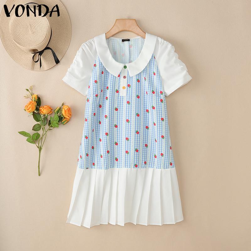 VONDA Women Lapel Neck Short Sleeve Plaid Print Patchwork Ruffled Mini Dress