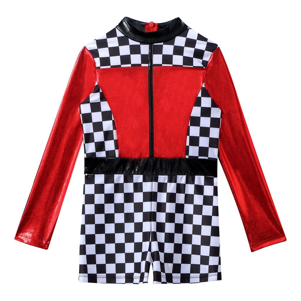 Костюм гонщицы, гоночный автомобиль, с длинным рукавом, клетчатый принт, молния сзади, короткий комбинезон, костюм для косплея