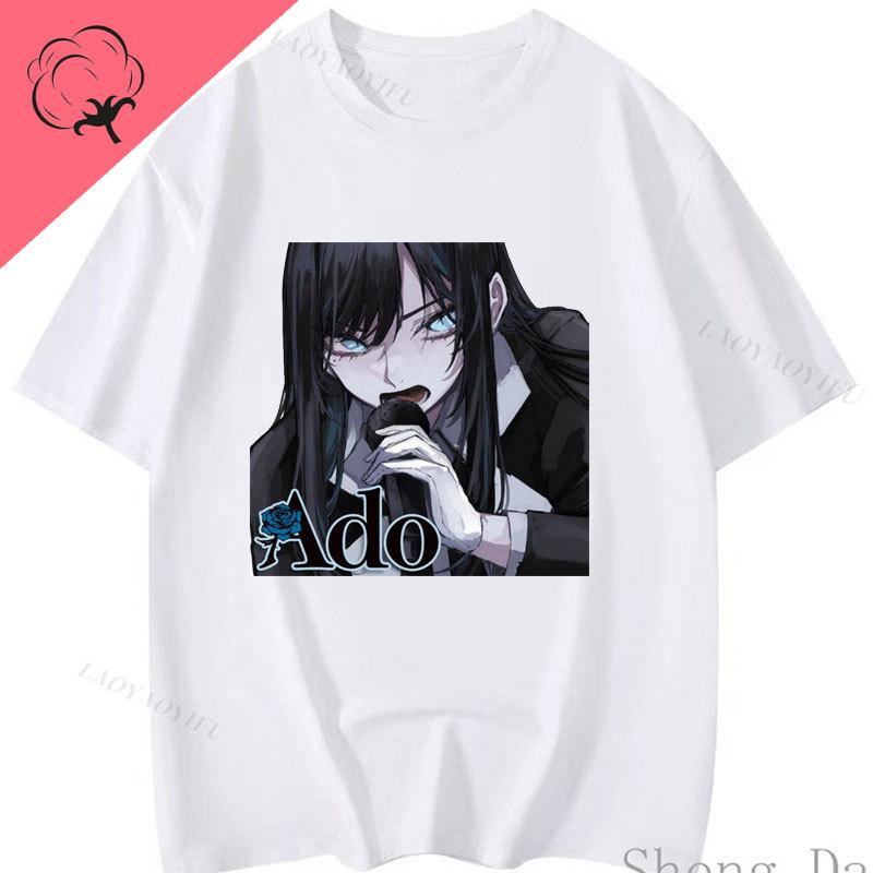 Женская одежда Двусторонний стиль Печатная футболка Ado T-shirt ADO Синяя Роза Графические футболки Streetwear Хлопковые топы с круглым вырезом