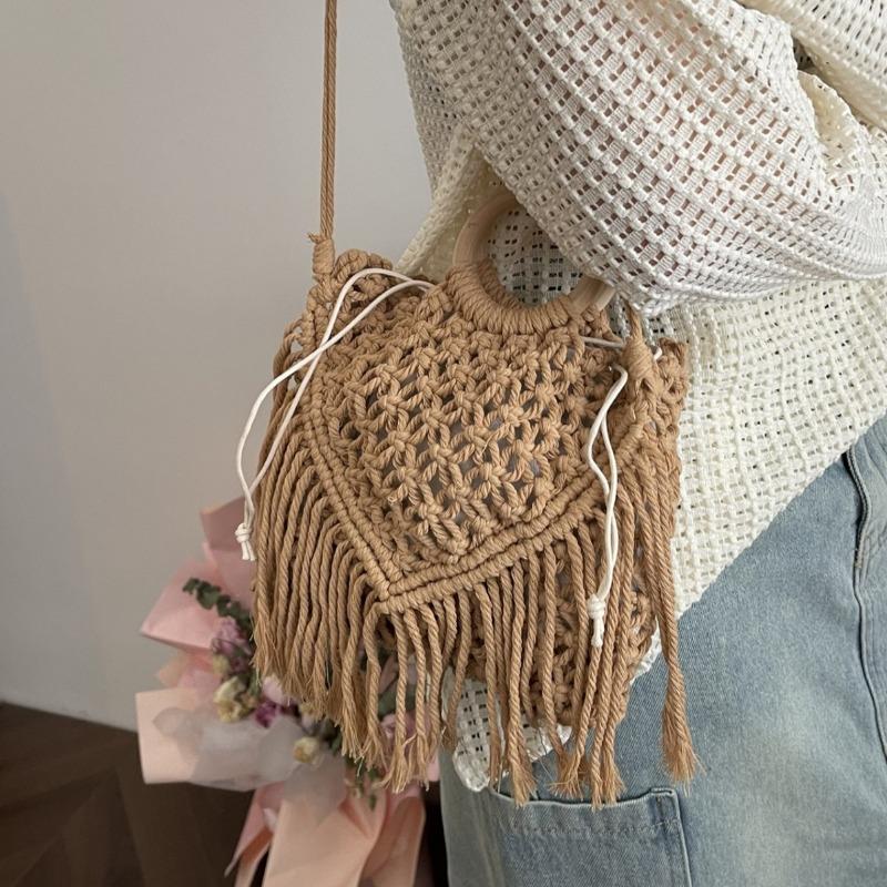 Boho Fringe Woven Bag Summer Fashion Hollowed Out Tote Pastoral Crossbody Shoulder Bag