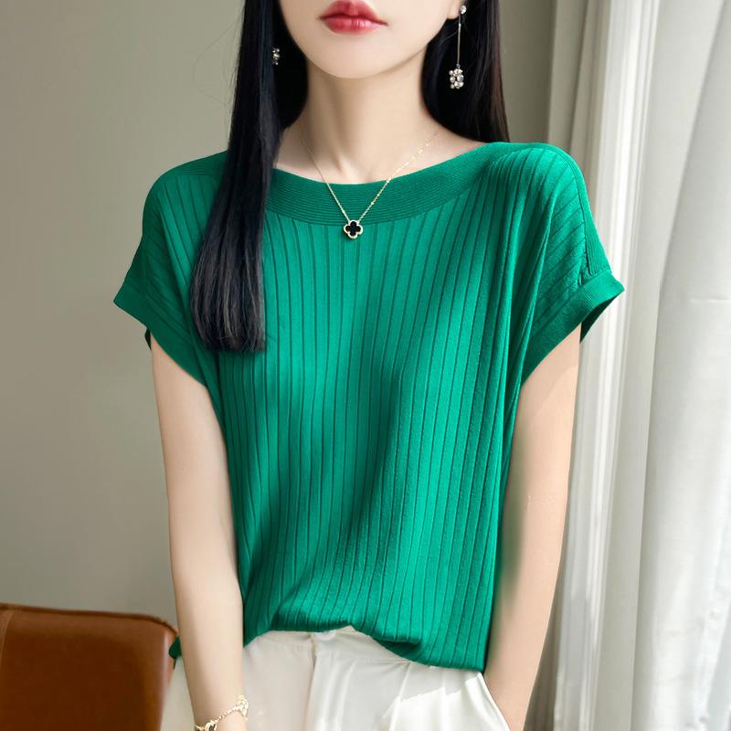 Модный женский свитер с вырезом-лодочкой из ледяного шелка, весна-лето, вязаный свитер, свободные повседневные рубашки, трикотажные изделия с коротким рукавом