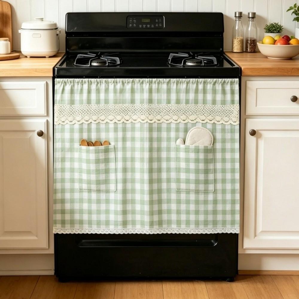 Pastoral Style Farmhouse Oven Cover Checkered Stove Cover Skirt Handmade Hidden Curtain Dishwasher
