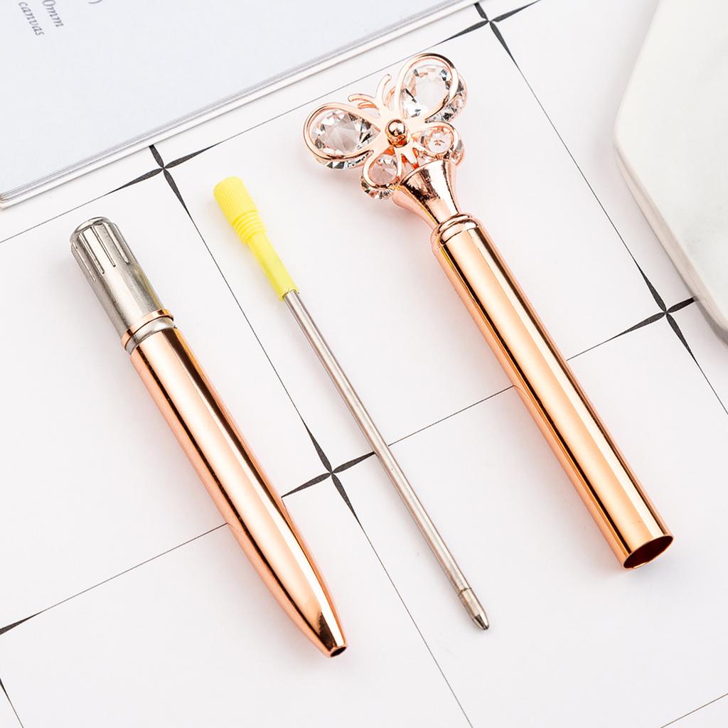 1 шт., стеклянная школьная ручка-бабочка, 1 мм, металлическая шариковая ручка, запасная черная ручка для письма для студентов, канцелярские принадлежности из розового золота