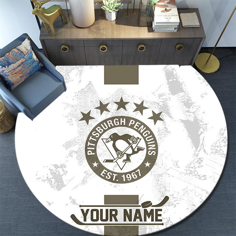 Custom Name Pittsburgh Penguins2 Round Area Rug,Carpet Rug for Living Room Bedroom Sofa Playroom Decor,Non-slip Floor Mat