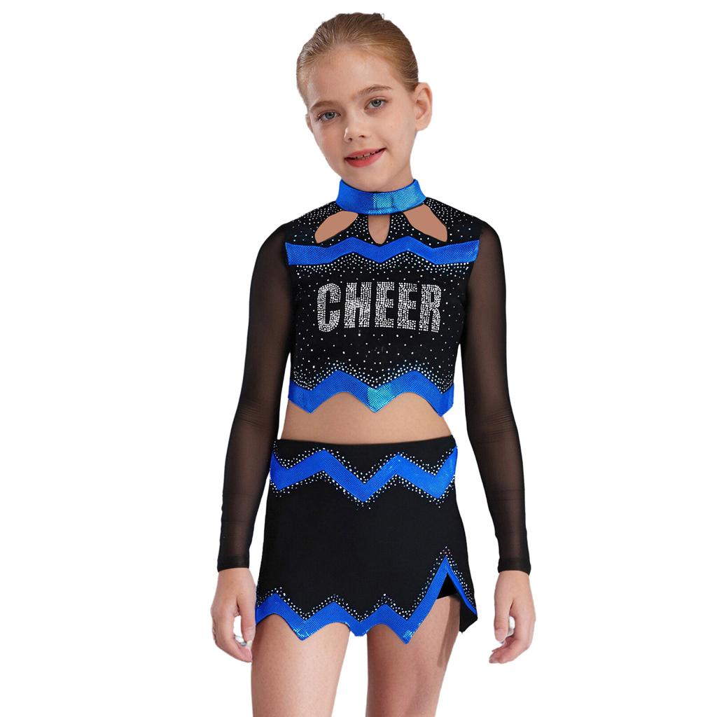Girls Cheerleader Uniform Long Sleeve Crop Top Hollow Out Design Rhinestone Details Matching Dance Skirt Outfit