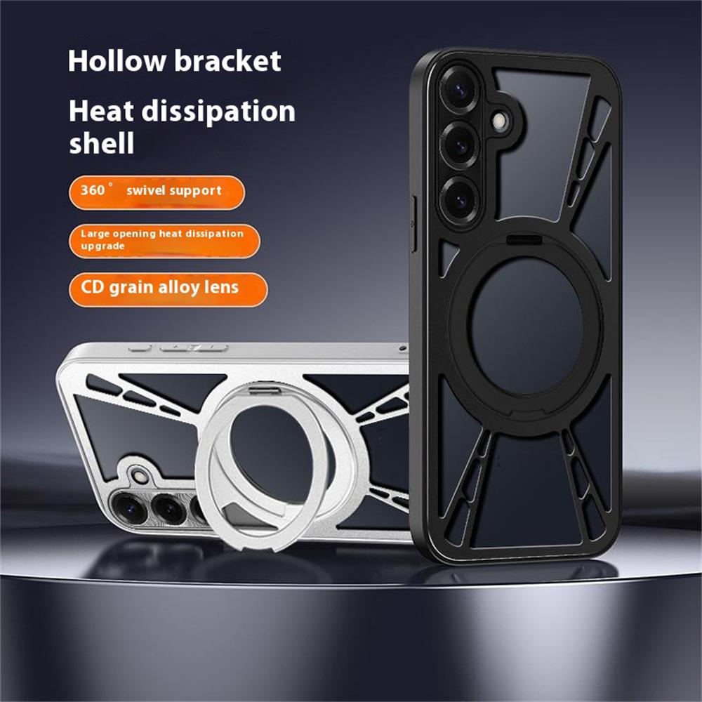 Чехол для Samsung Galaxy S25 с магнитной подставкой, полый для отвода тепла, силикон+ПК+металлический бампер, чехол для телефона