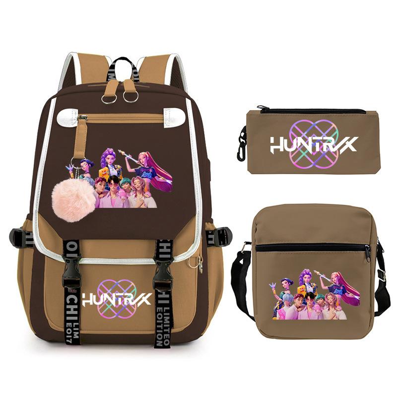 Kpop Trend Backpack Large Capacity Student School Bag Three-Piece Pencil Case Casual Shoulder Bag