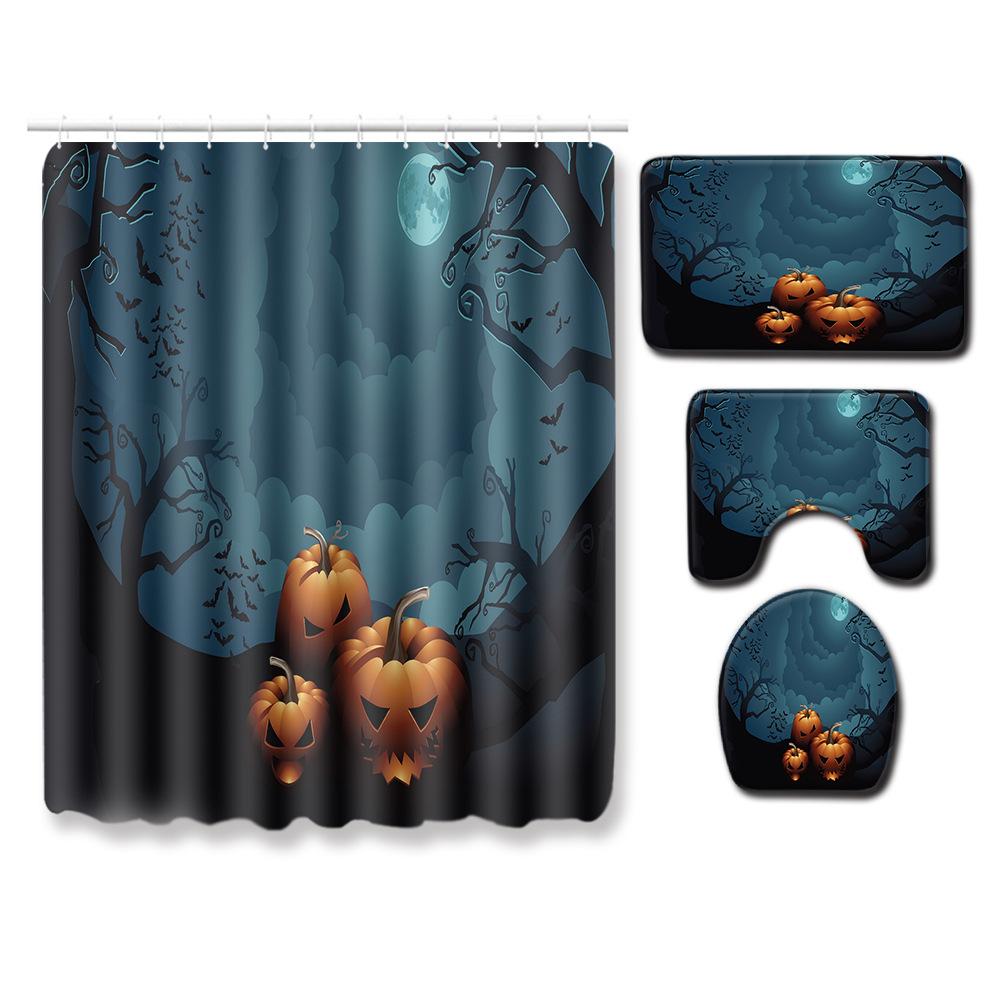 Halloween Shower Curtain Floor Mat Three-Piece Combination Set, Living Room Sand Absorbent Carpet, Bedroom Non-Slip Door Mat