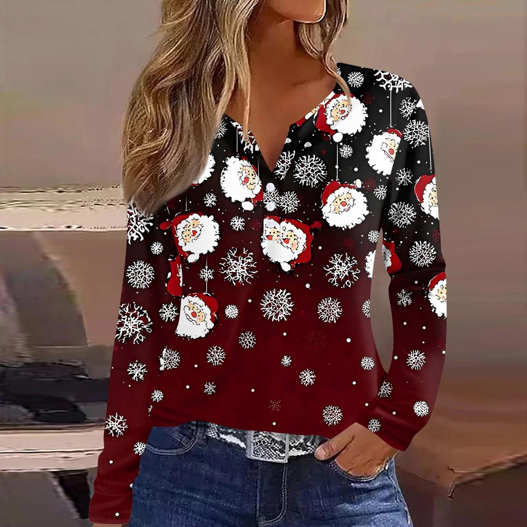 Women's T Shirt Tee Christmas Printed Button Long Sleeve Tunic Daily Weekend Fashion Basic V- Neck Regular Top