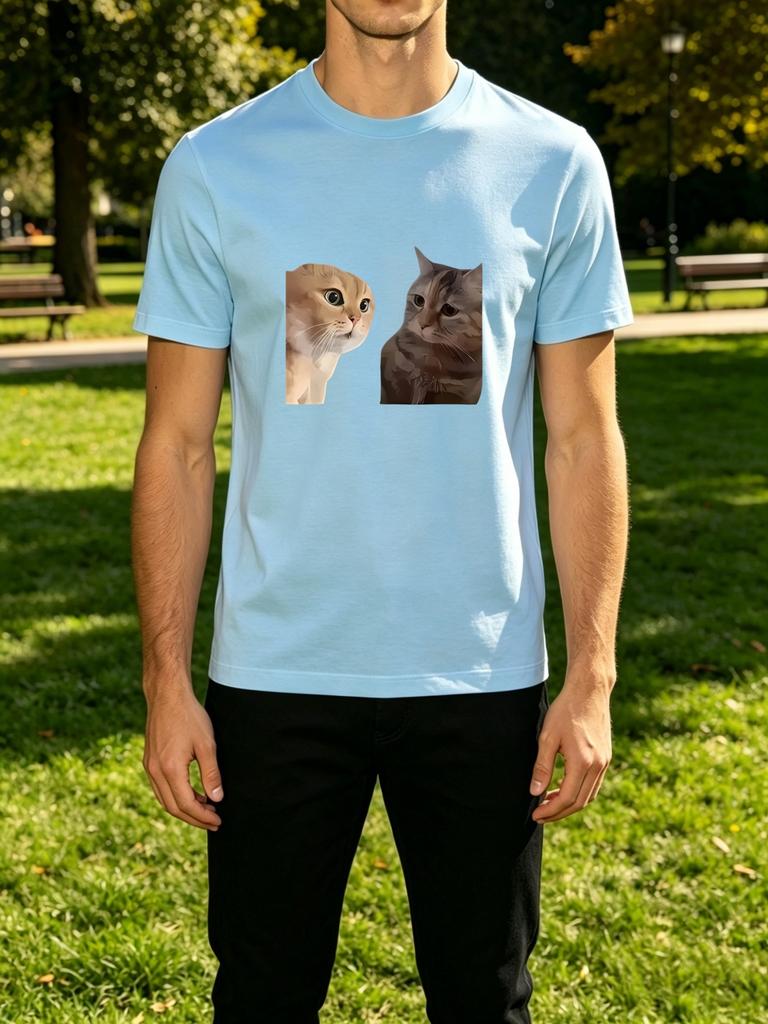 Unisexs Tee Two Cute Tabby Cat Portrait Art Print Cotton Short Sleeve Male Streetwear Summer Daily Casual Outdoor Basic Fashion Top