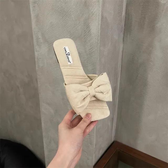 Модные женские тапочки Квадратный носок Бант-бабочка Плоская подошва Женская обувь Платье Улица Корейский стиль Лето Zapatillas De Mujer