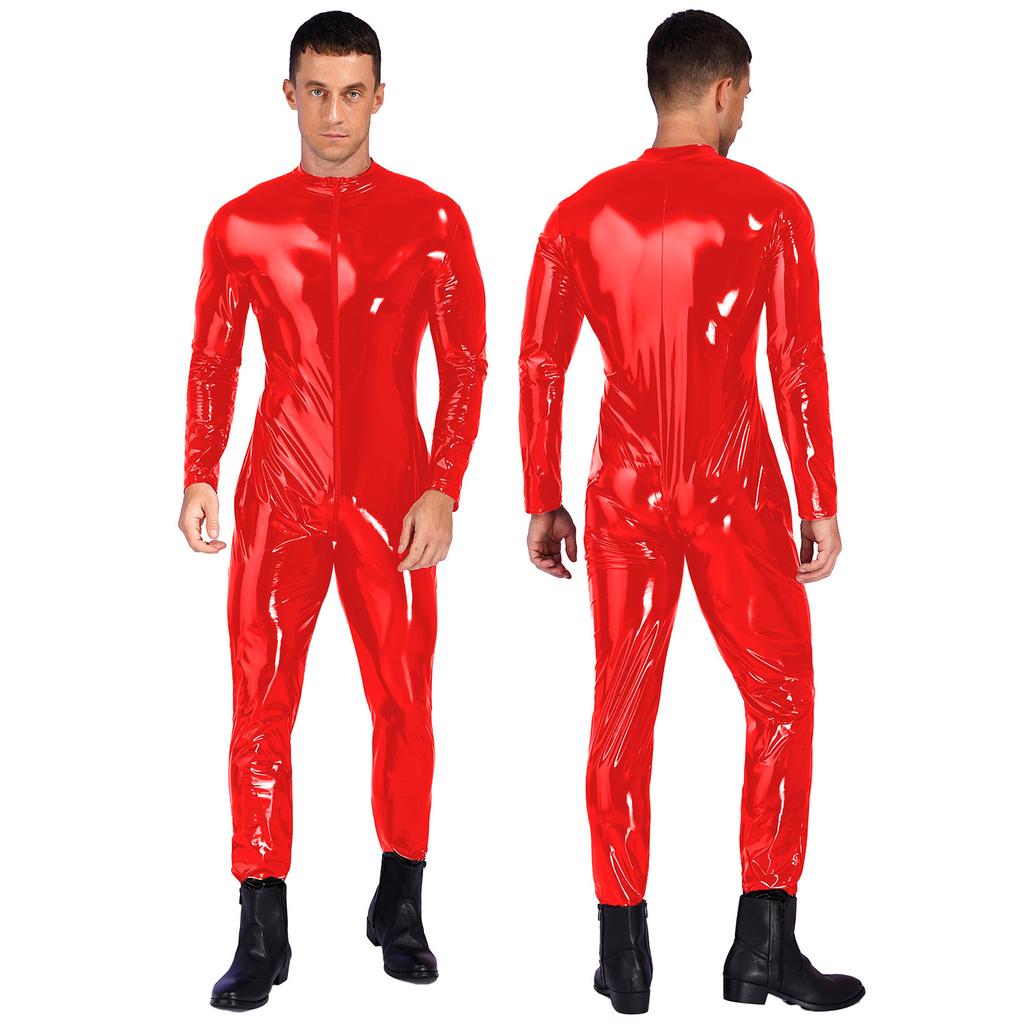 Mens Shiny Patent Leather Jumpsuit Stand Collar Long Sleeve Zipper Leotard Bodysuit Catsuit