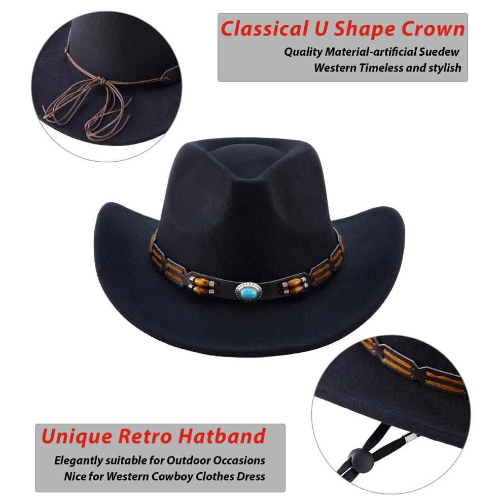 (One Size, Black) Western Cowboy Hat for Women Men Bohemian Cowgirl Hat with Beads Trim Outdoor Sun Hat